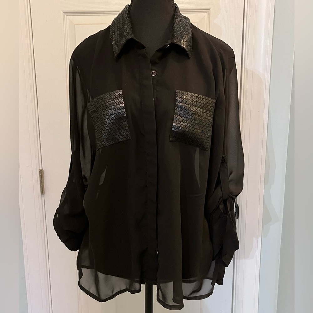 GUESS black sequin and sheer long sleeve shirt size large